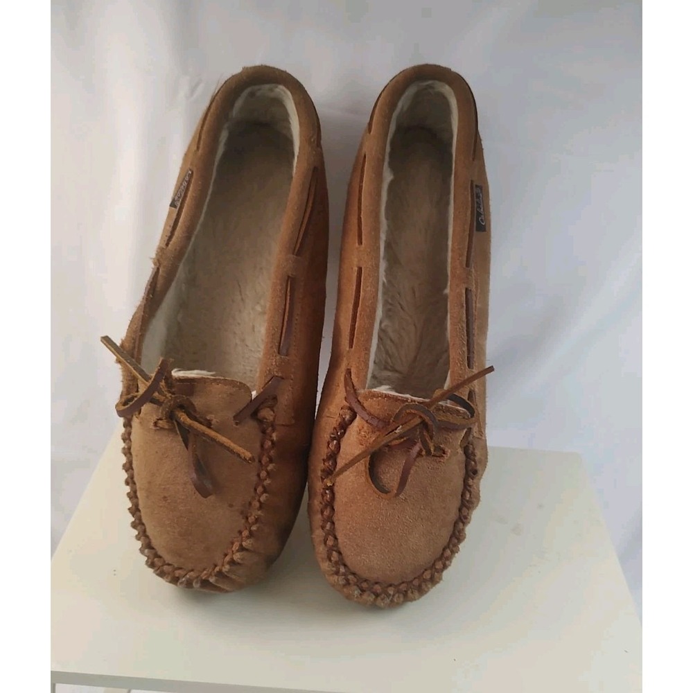 Cabelas Women Tan Moccasin Suede Leather Fleece Lined Slip On Size 9